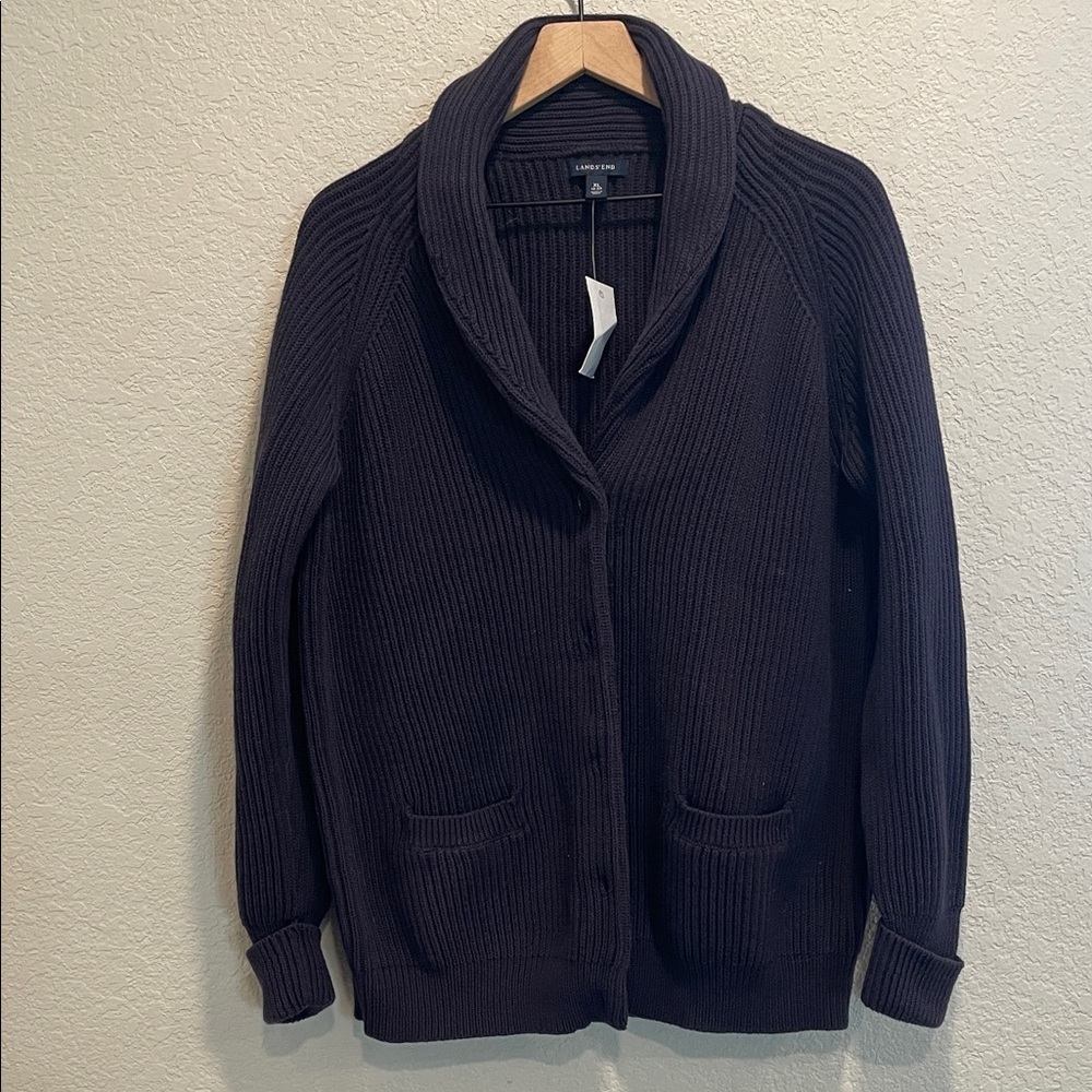 Lands' End Women's Dark Blue Ribbed Shawl-Collar Cardigan